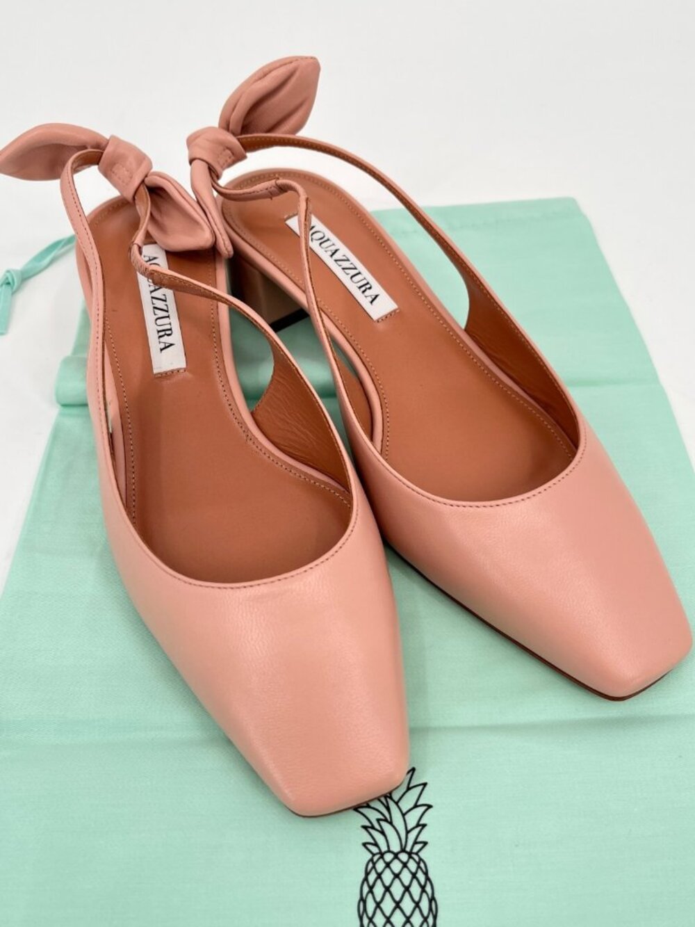 Aquazzura Very Bow Tie Sling Heels Pink Size 37.5 Leather Slip On Block Heel SB - Picture 10 of 14